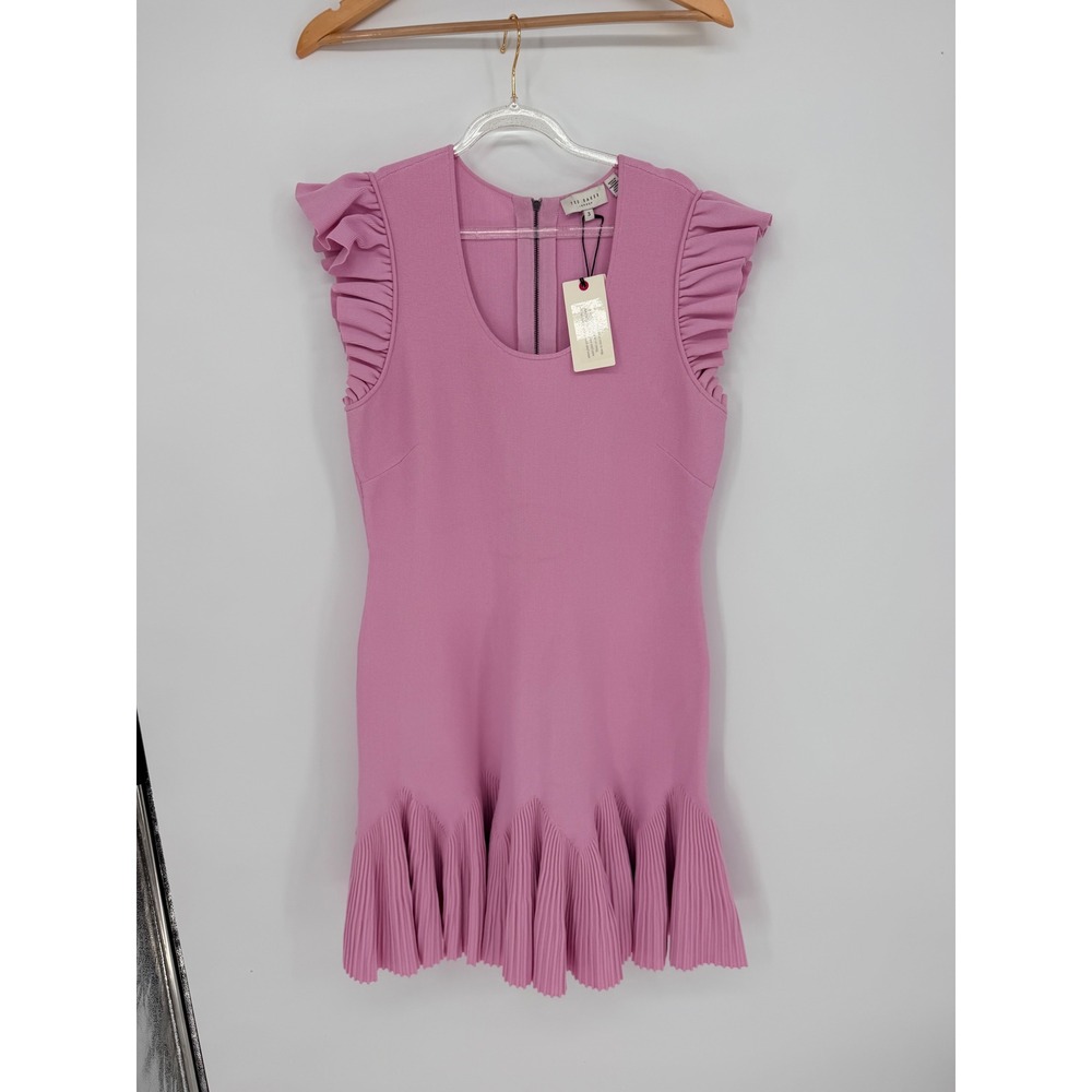 Ted Baker Ruffle Sleeve Dress 3 Pink Pleated Hem Barbiecore Coquette
